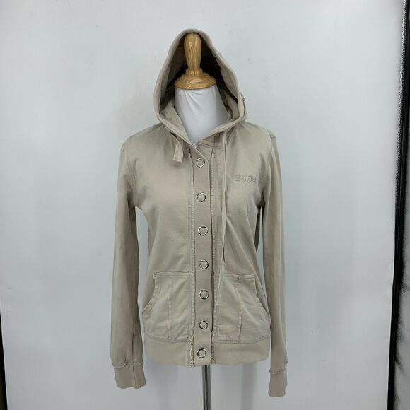BCBGMaxazria Hoodie Women's Size M Beige Big Snap Buttons Distressed Sweater - Picture 2 of 13